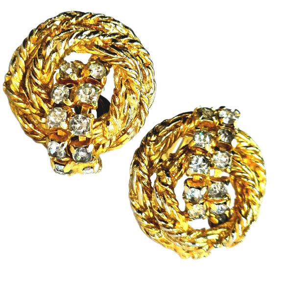 Vintage Signed VOLUPTE Goldtone Round Rhinestone Clip On Earrings - Picture 1 of 6
